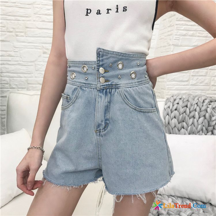 Günstige Röhrenkurze Hosen Gestreift Denim Sommer Hellblau Damen Hot Pants Sale